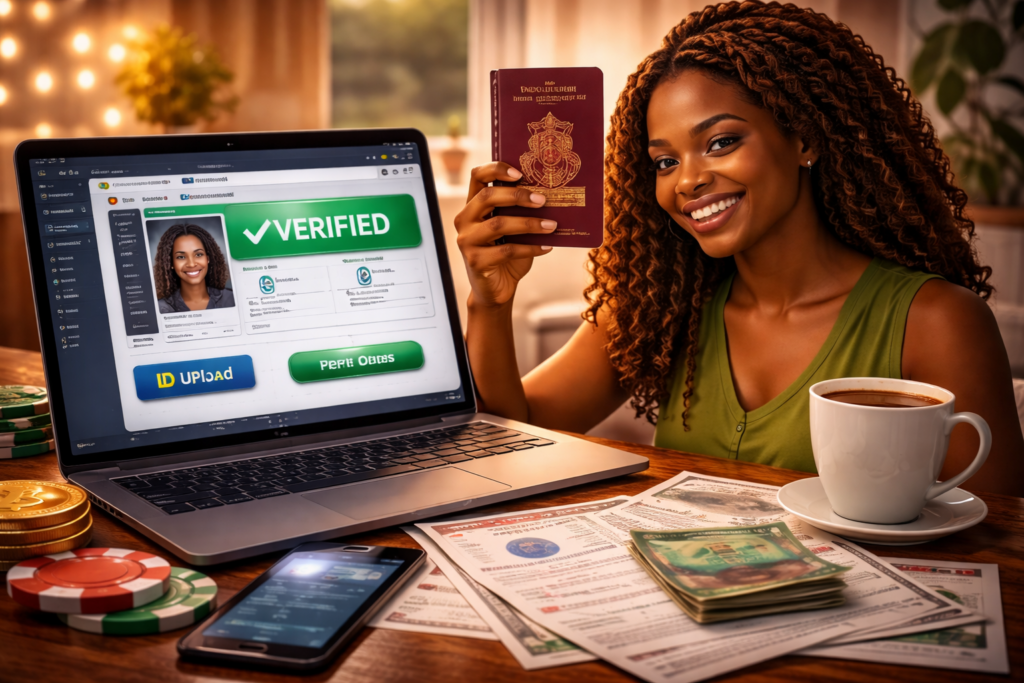 Woman completing KYC verification at home with a passport and a laptop showing a VERIFIED status, illustrating identity checks for Pin Up Casino withdrawals.