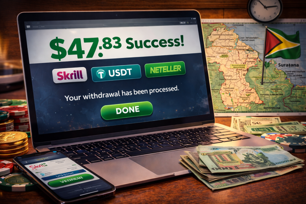 Laptop and smartphone displaying a successful withdrawal confirmation with e-wallet and USDT icons, alongside banknotes and casino chips, symbolizing processed payouts.